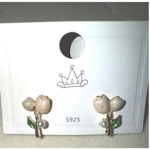 Pink and Pearl Tulip Stud Earrings Dainty Jewelry Classic Colors in Gold Tone